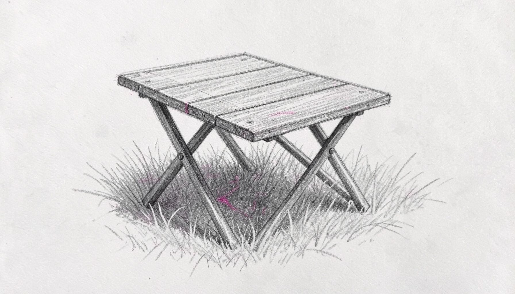 Hand-drawn graphite sketch of a wooden folding camp table set on grass, soft gray tones with gentle pencil shading