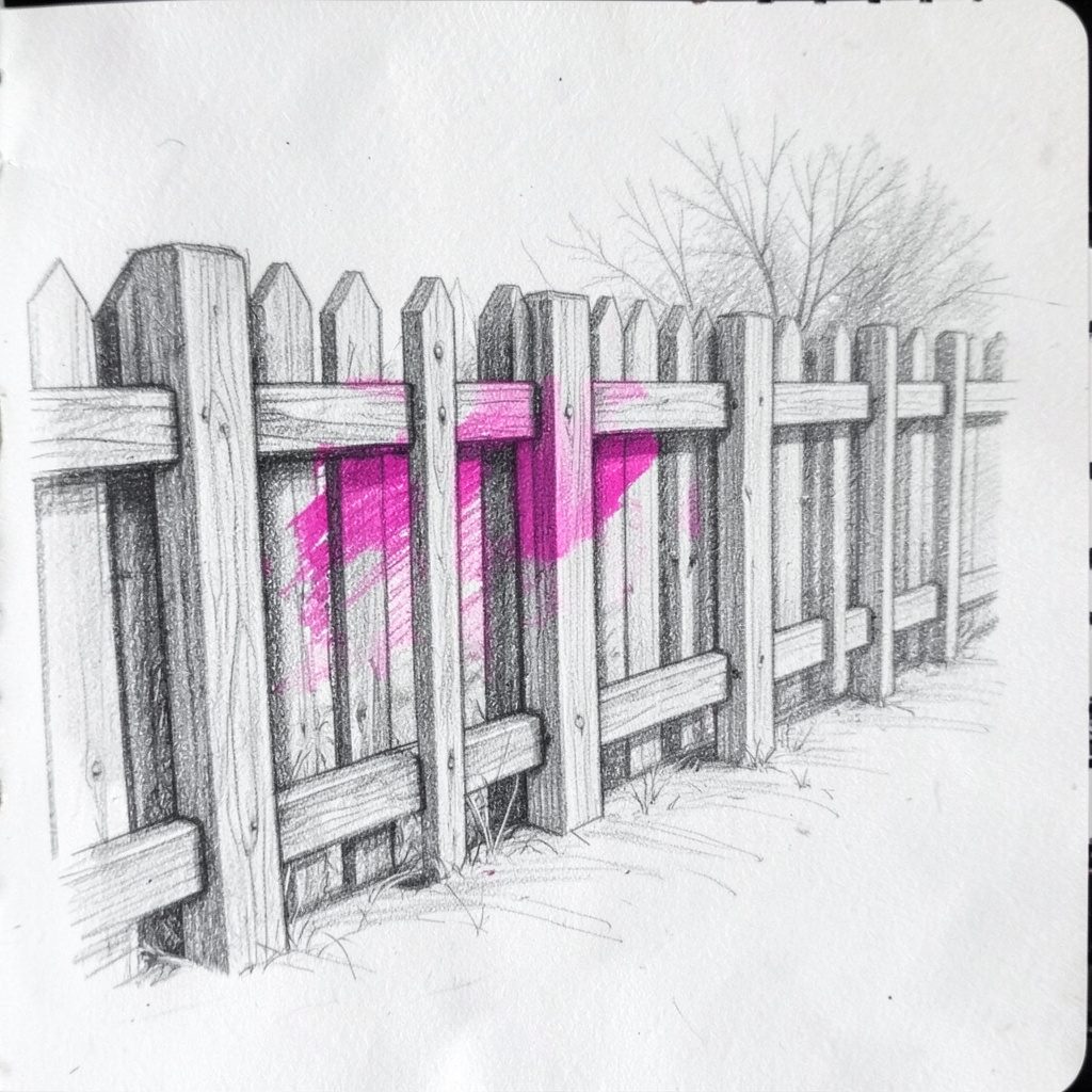 Pencil sketch of a horizontal wood plank fence with a matching side gate in warm brown and grey tones, neat and modern mood.