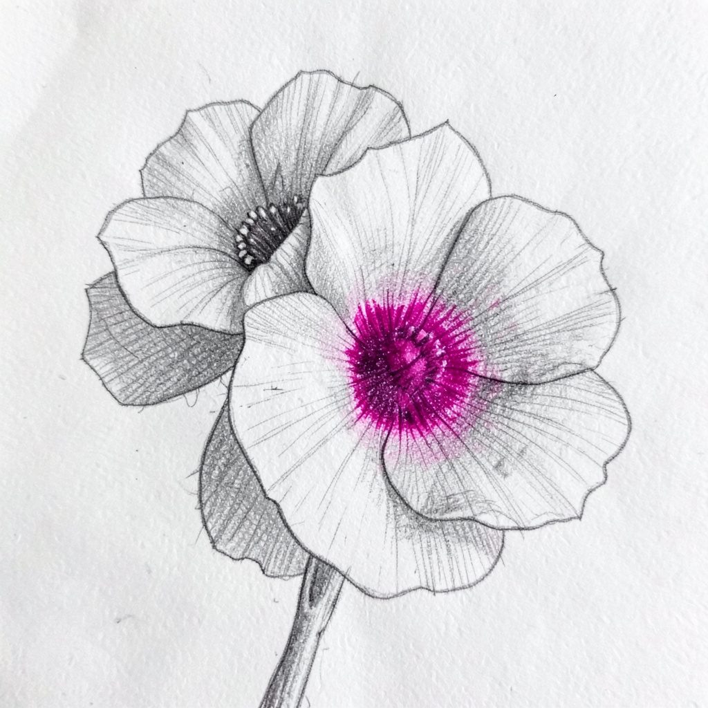 Graphite pencil sketch of decorative flowers arranged on a wall as understated bedroom decor in muted grey tones