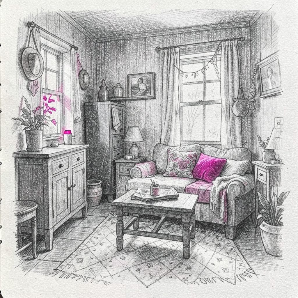 A loose graphite pencil sketch of a relaxed boho room with layered textile cushions, a low wooden table, woven wall hangings, and soft pastel greens, mustards, and blush pinks in the corners.