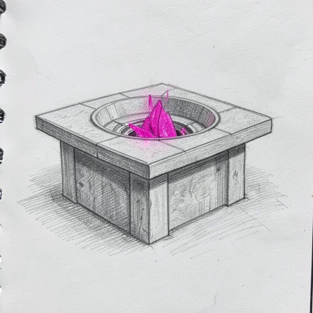 Pencil sketch of a wide concrete patio with a central table and low planters, cool grey and stone tones, calm and open mood.