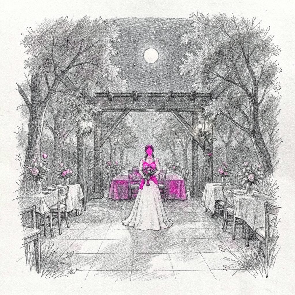 Atmospheric graphite pencil sketch of a softly lit outdoor wedding setting, with warm amber lights, muted greenery, and an elegant celebratory mood