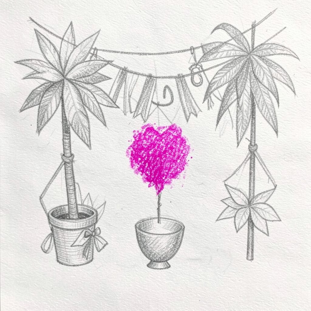 Hand-drawn pencil sketch of a festive party scene with streamers, balloons, and a decorated table in soft tropical colors.