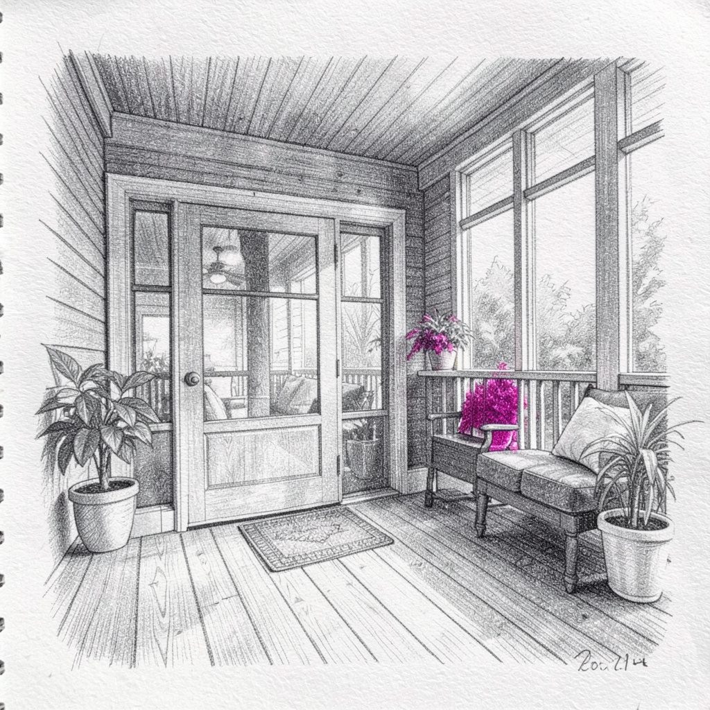 Graphite pencil sketch of a softly lit screened porch with woven furniture and leafy green plants, warm earth and moss tones, calm and inviting mood.