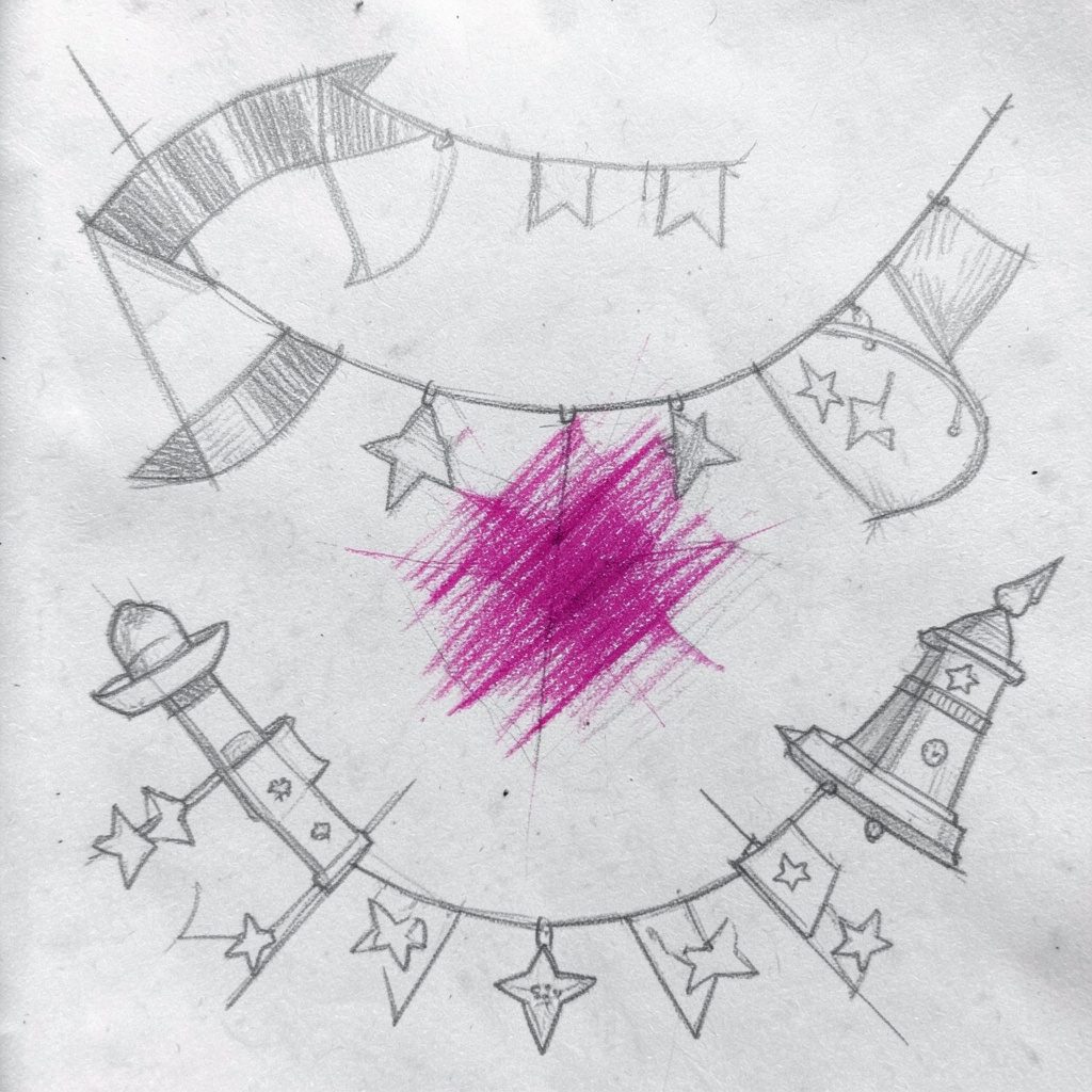 Pencil sketch of a Mexican-themed party table decorated with papel picado banners, terracotta tones, and colorful ceramic accents.