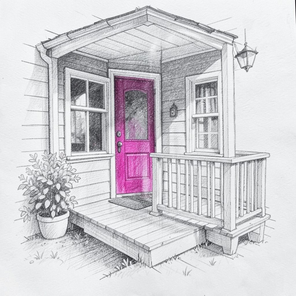 A loose graphite pencil sketch of a small decorated porch with a single hanging lantern, layered cushions on a bench, and soft pastel greens, blushes, and a hint of mustard in the corners.