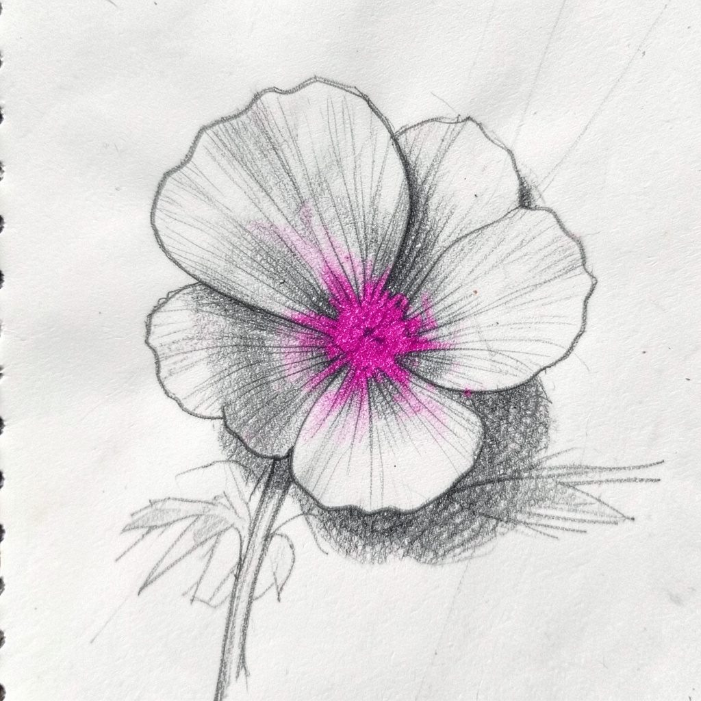Graphite pencil sketch of wall-mounted flower decor, soft pastel blooms arranged across a muted background.