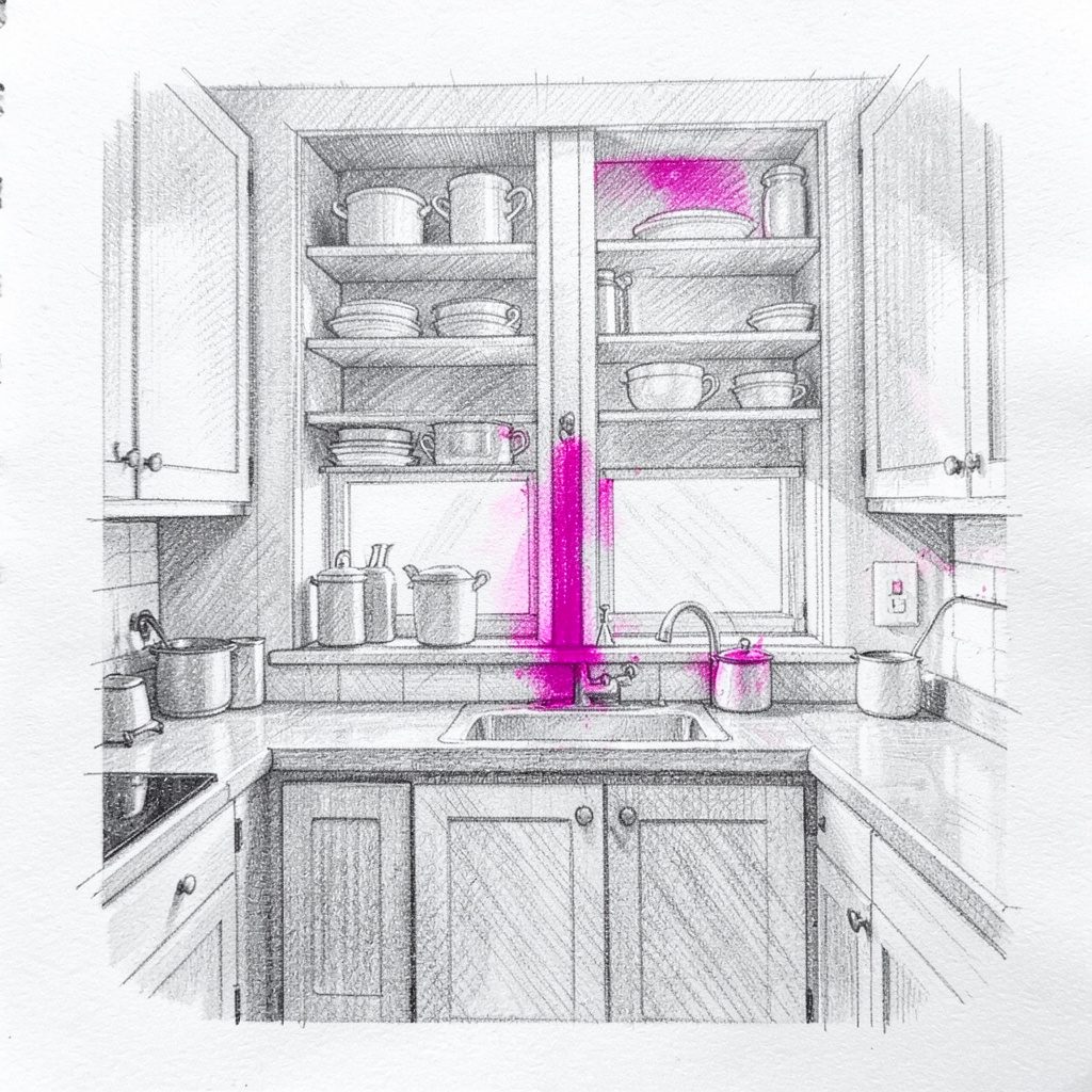 Pencil sketch of an open kitchen shelving unit beside a sunlit window, airy lines and a soft white atmosphere.
