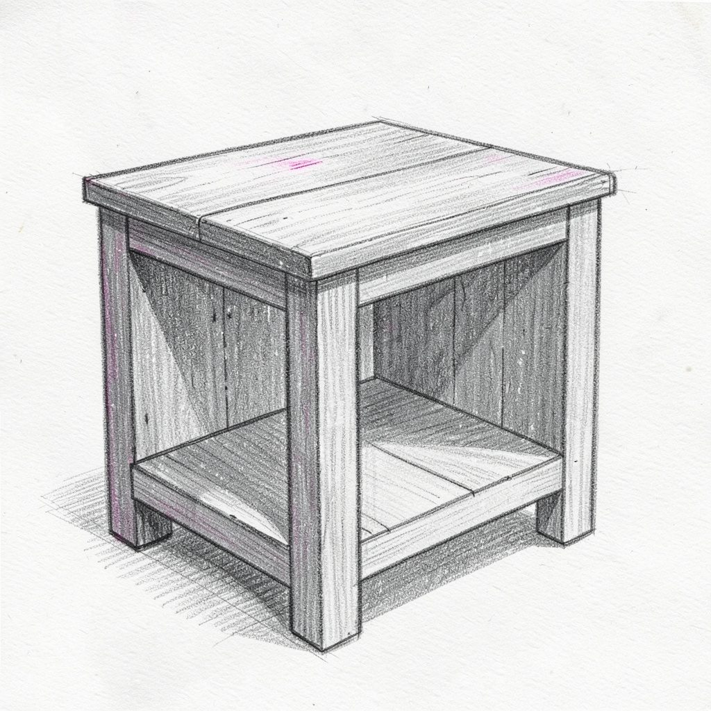 Graphite drawing of a butcher block kitchen table with a sturdy wooden base, warm gray tones and cozy kitchen mood.
